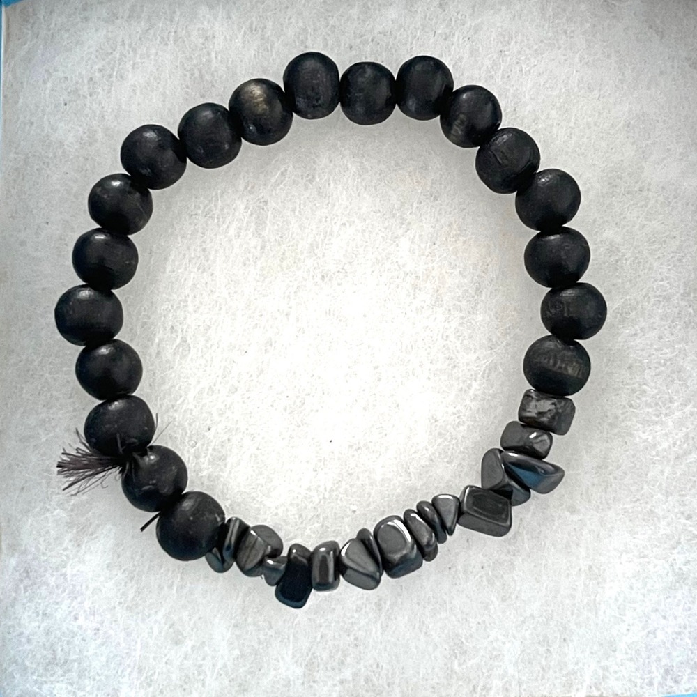 Black Wood and Hematite Stone‎ Chip Beaded Stretch Bracelet Unisex Boho Style